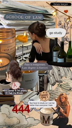 a collage of photos with different types of items in the background and text that reads, school of law go study