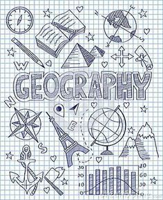 the word geography surrounded by hand drawn symbols on a sheet of exercise book lined with graph paper