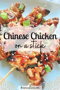 chinese chicken on a stick with text overlay