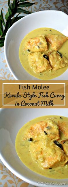 fish molle served in coconut milk sauce on a white plate with text overlay that reads, kenya style fish curry in coconut milk