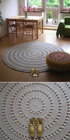 two pictures of the same room with shoes on the floor, and one has a rug that looks like a circle