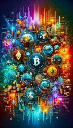 an abstract background with many different symbols and colors, including the bitcoin symbol