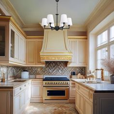 a kitchen with an oven, stove and counter tops in it's center island