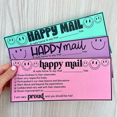 two happy mail envelopes with the words happy mail on them