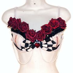 Queen of Hearts Alice in Wonderland Red Roses and Heart Rave Costume Bra Festival Outfit - Etsy Queen Of Hearts Alice, Costume Bra, Bra Outfit