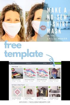 a woman wearing a face mask with the words free template on it, and an image of