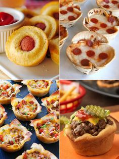 several pictures of different food items including muffins, mini pizzas and cupcakes