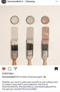 three paintbrushes sitting next to each other on top of a white wall with the words farrowandball we've been scheming again