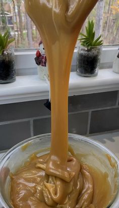 a bowl filled with caramel sauce on top of a counter next to potted plants