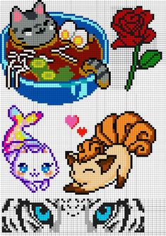 the cross stitch pattern shows different types of animals and flowers, as well as cats