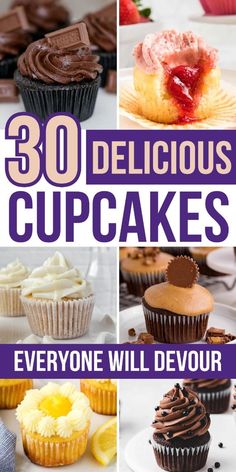 the cover of 30 delicious cupcakes, with images of different cakes and desserts