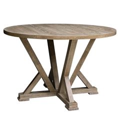 a round wooden table with two crossed legs