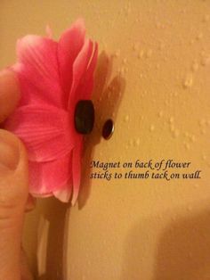 someone is holding a pink flower in front of a yellow wall with words on it