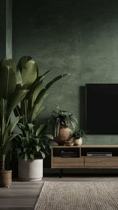 a living room with green walls, plants and a television on a stand in front of the tv