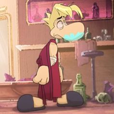 a cartoon character standing in front of a mirror with his mouth open and tongue out