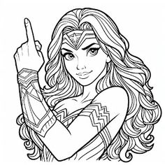 the wonder woman from dc comics coloring pages for kids and adults, with her hand pointing up