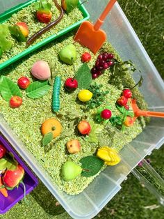 two plastic bins filled with different types of fruit and veggies on top of grass