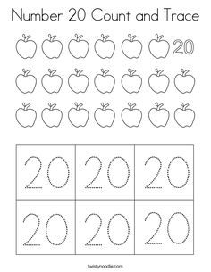 the numbers 20 count and trace worksheet with an image of apples on it