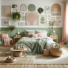 a bedroom decorated in pastel colors and wicker furniture with plants on the wall