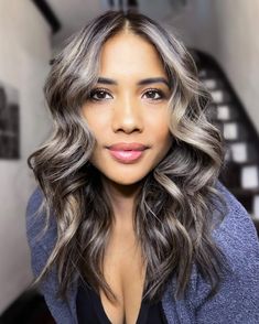 Face-Framing Metallic Gray Highlights Brown To Grey Balayage, Grey Balayage Brunettes, Milk Tea Balayage, Tea Hair Color, Highlights For Gray Hair, Milk Tea Hair Color, Silver Ash Hair, Long Silver Hair