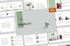 a bunch of different presentation slides with green and yellow accents on the bottom one is for simplity