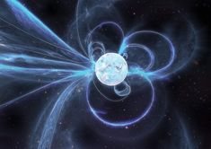 an artist's impression of a super - magnetic object traveling through the space, with blue and white swirling around it