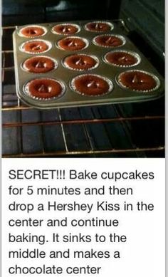 there is a baking pan with cupcakes in it on the oven rack, and an instagram about how to bake cupcakes for 5 minutes and then drop a hersey kiss in the center