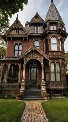 an old victorian style house with large windows