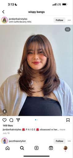 Butterfly Haircut Plus Size, Long Face Bangstyle, Short Haircuts For Asian Hair, Broad Shoulders Haircut, Korean Hairstyles 2023, Asian Wispy Bangs Long Hair, Wispy Layered Hair Medium, Bangs For Round Chubby Face, Hush Cut For Round Face