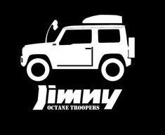 a white jeep with the word jimmy on it's side in front of a black background