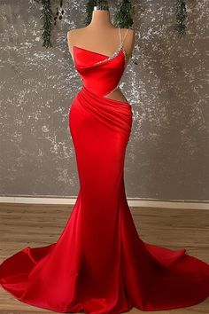 Mermaid High Split Asymmetrical Spaghetti strap Floor-length Prom Dress-Ballbella Red Mermaid Prom Dress, Baju Kahwin, Red Mermaid, One Shoulder Prom Dress, Floor Length Prom Dresses, Prom Dresses Sleeveless, Red Evening Dress, Glamour Dress, Red Prom