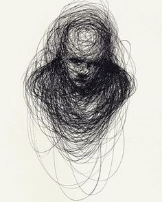 an abstract black and white drawing of a person's head with hair flying through the air