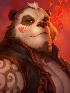 a panda bear with hearts painted on his face and chest, standing in front of a red background