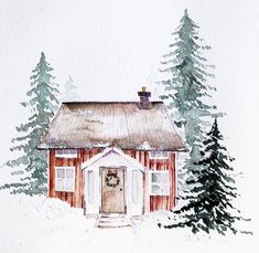 a watercolor painting of a cabin in the snow with trees and evergreens behind it