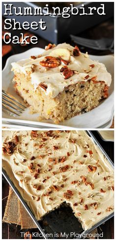 a close up of a slice of hummingbird sheet cake on a plate with a fork