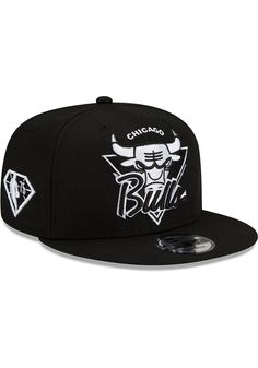 Wear your Bulls style with pride in this Chicago Bulls New Era Black NBA21 TIP OFF 9FIFTY Snapback Hat! This Chicago Snapback Hat features a front embroidered team logo on a sctructured crown with NBA 75th anniversary side patch and snapback closure. Go Bulls! Front embroidered logo, Fashion alternate colorway, Side New Era Flag, Back plastic snapback, Adjustable closure, Polyester material, Polyester, Wipe clean with cloth or cleaning kit, 4 Streetwear Snapback Hat With Team Logo, Black Hip Hop Snapback Hat With Embroidered Logo, Snapback Hat With Team Logo For Fans, Casual Snapback Hat With Team Logo For Baseball Season, Flat Bill Snapback Hat With Team Logo, Throwback Black Baseball Cap With Flat Bill, Casual Snapback Hat With Logo For Sports, Adjustable Snapback Hat With Team Logo, Throwback Black Flat Bill Baseball Cap