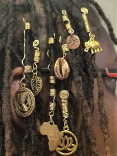 10 pk loc/braid jewelry can be made to fit up to 10mm size loc or braid. Made of Brass Twist With Charms, Locs With Gold Cuffs, Earthy Hair Accessories, Lock Jewelry Dread, Braids With Jewellery, Locs With Jewelry, Locs And Beads, Locs With Charms, Loc Jewelry Hairstyles