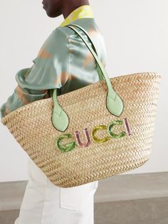 Beige Leather-trimmed embellished raffia tote | GUCCI | NET-A-PORTER Resin Letters, Perfect Beach Bag, My Style Bags, Straw Beach Bag, Flat Dress Shoes, Woven Tote Bag, Sun Cream, Gucci Leather