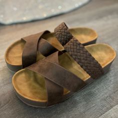 Coffee Brown Solid Wedges Slide Sandals For Women Braid Detail Criss Cross, Shein, Never Worn, Size Cn 41, Us 9, Wide Fit, Clean, Trendy Brown Synthetic Footbed Sandals, Trendy Brown Footbed Sandals With Round Toe, Brown Open Toe Sandals For Outings, Brown Synthetic Slip-on Footbed Sandals, Trendy Brown Footbed Sandals With Textured Footbed, Brown Synthetic Footbed Sandals For Vacation, Casual Brown Footbed Sandals For Beach, Brown Synthetic Footbed Sandals For Beach, Casual Brown Sandals For Outings