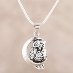 Perched within the crescent of the moon, a charming owl is crafted from sterling silver, given a combination of finishes. Narayannii presents this pendant necklace from India. Sterling Silver Crescent Necklace With Charms, Sterling Silver Moon-shaped Charms Necklaces, Owl Pendant Necklace, Sterling Necklace, Owl Pendant, Sterling Silver Necklace Pendants, Blue Agate, Beaded Stretch Bracelet, Jewelry Packaging