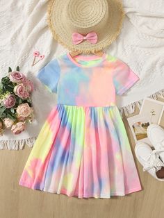 Pastel Rainbow Dress, Girls Tie, Rainbow Dress, Round Neck Dresses, Tie Dye Dress, Dyed Dress, Girl Clothes