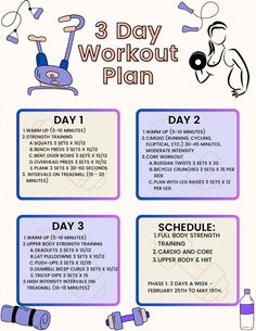 the 3 day workout plan is shown in purple and blue, with instructions for how to do