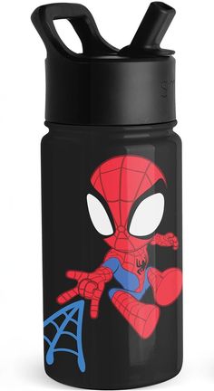 a spider man water bottle with the lid open