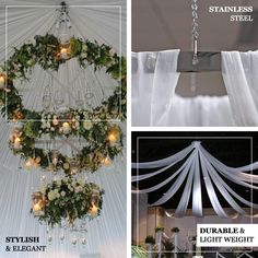 wedding decorations and chandelier with white drapes, flowers and candles hanging from the ceiling