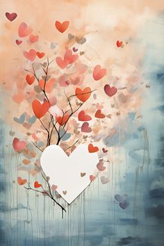 a heart shaped tree with lots of hearts hanging from it's branches in front of an orange and blue background