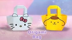 an origami bag with a hello kitty face on the front and a yellow cat in the back