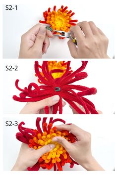 three pictures showing how to crochet an ornament