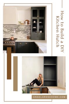 a woman sitting on top of a kitchen counter next to a black bookcase and cabinets