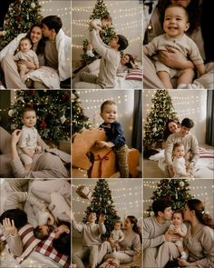 a collage of photos with a baby and family in front of a christmas tree