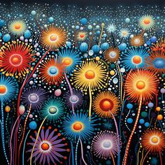 an abstract painting of colorful flowers and bubbles